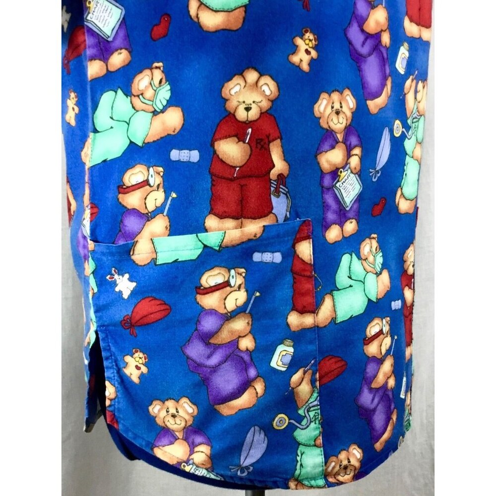 Apple Life Scrub Top Womens M Blue Bear Dr Nurse Print Medical Uniform Shirt VTG - Picture 4 of 11
